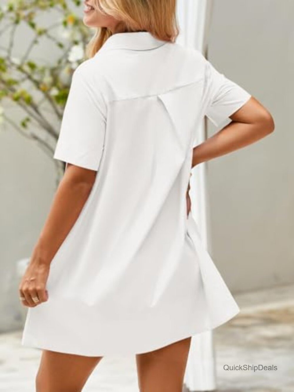 Oversized Button Mini Dress Short Sleeve V Neck Casual Flowy Cotton - Picture 5 of 7